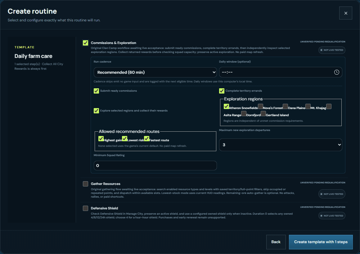 Archived VRA routine-builder capture showing Commissions & Exploration controls