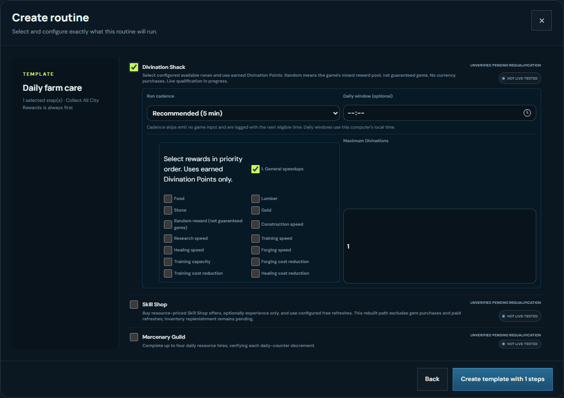 Archived VRA routine-builder capture showing Divination Shack controls