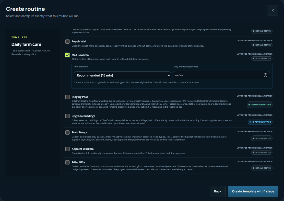 Archived VRA routine-builder capture showing Mail Rewards controls