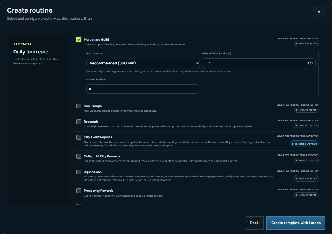 Archived VRA routine-builder capture showing Mercenary Guild controls