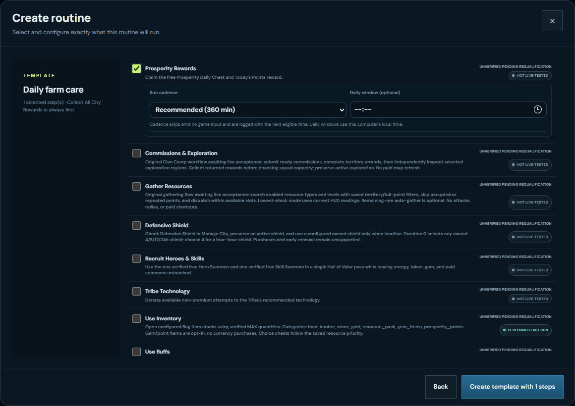 Archived VRA routine-builder capture showing Prosperity Rewards controls