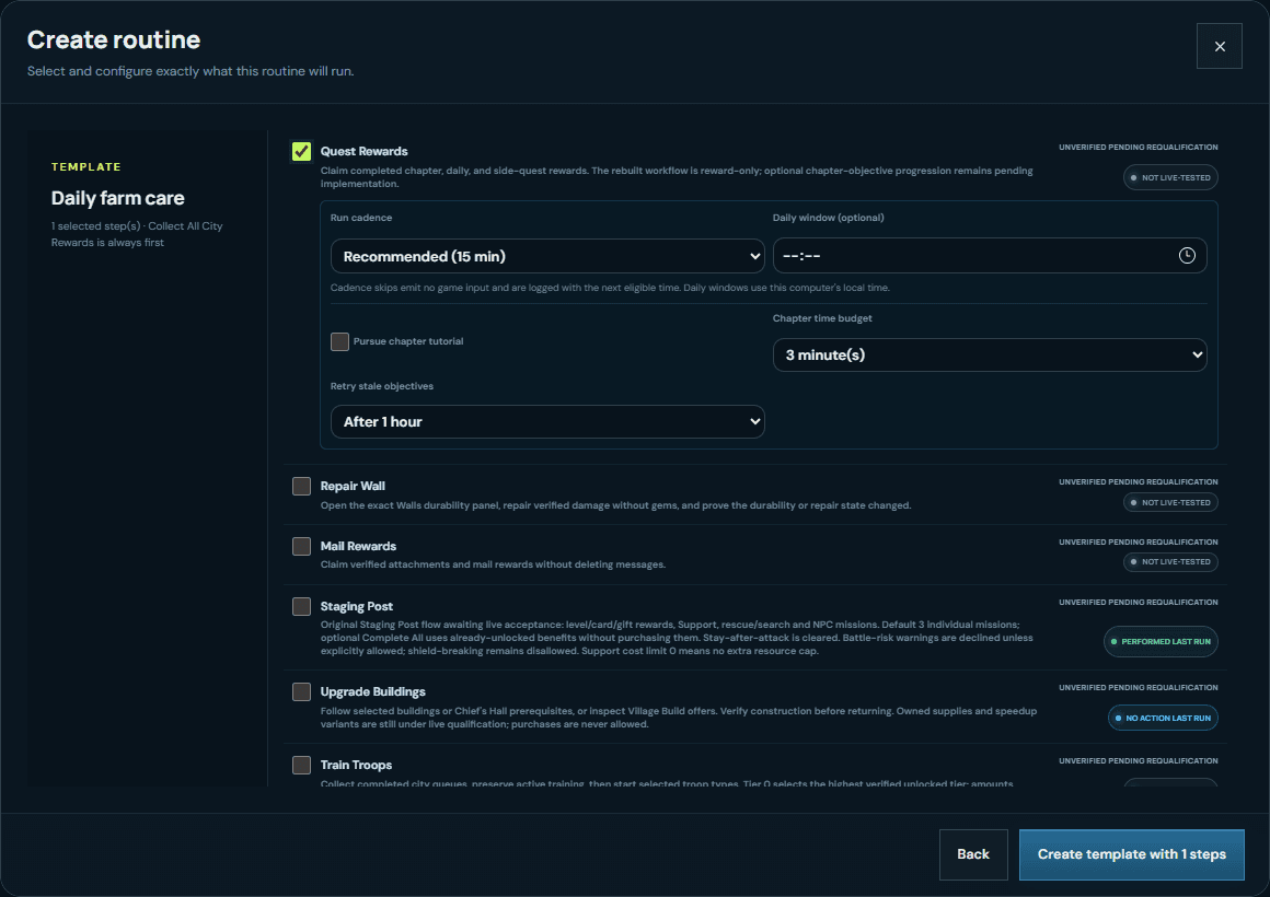 Archived VRA routine-builder capture showing Quest Rewards controls