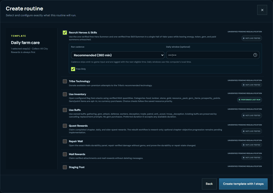 Archived VRA routine-builder capture showing Recruit Heroes & Skills controls