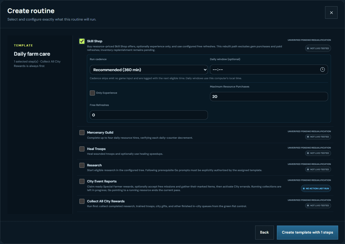 Archived VRA routine-builder capture showing Skill Shop controls