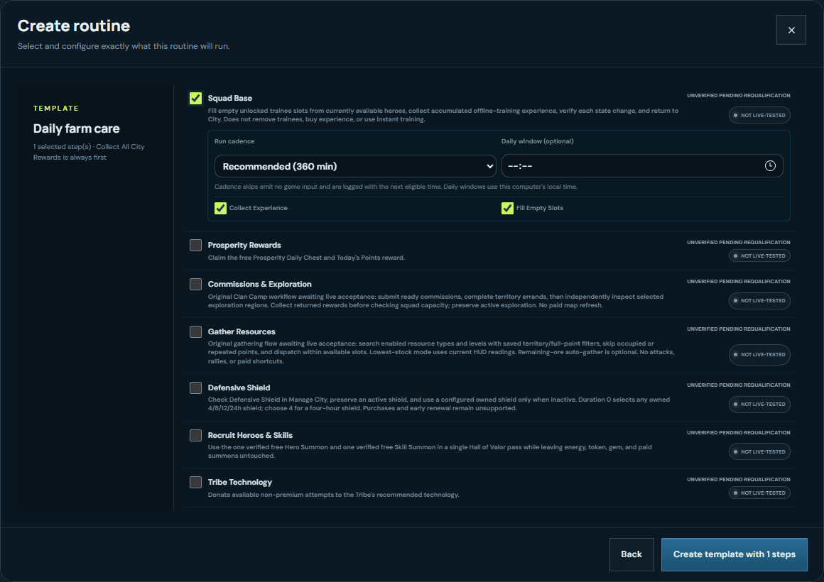 Archived VRA routine-builder capture showing Squad Base controls