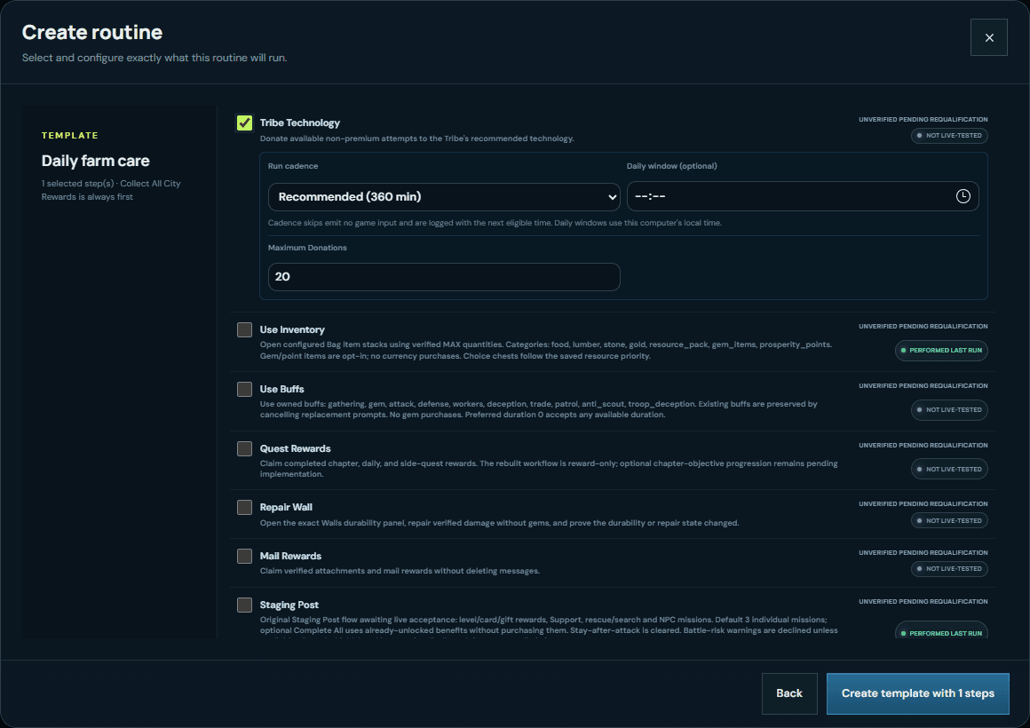 Archived VRA routine-builder capture showing Tribe Technology controls