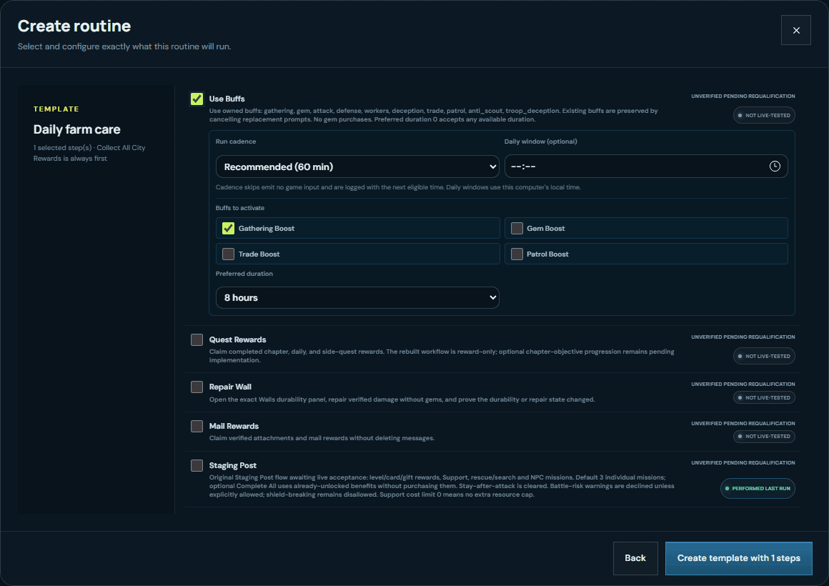Archived VRA routine-builder capture showing Use Buffs controls