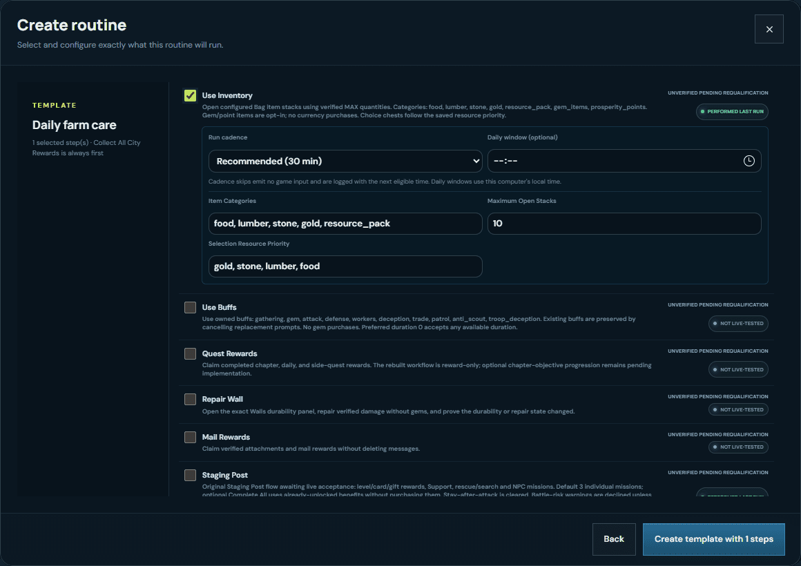 Archived VRA routine-builder capture showing Use Inventory controls