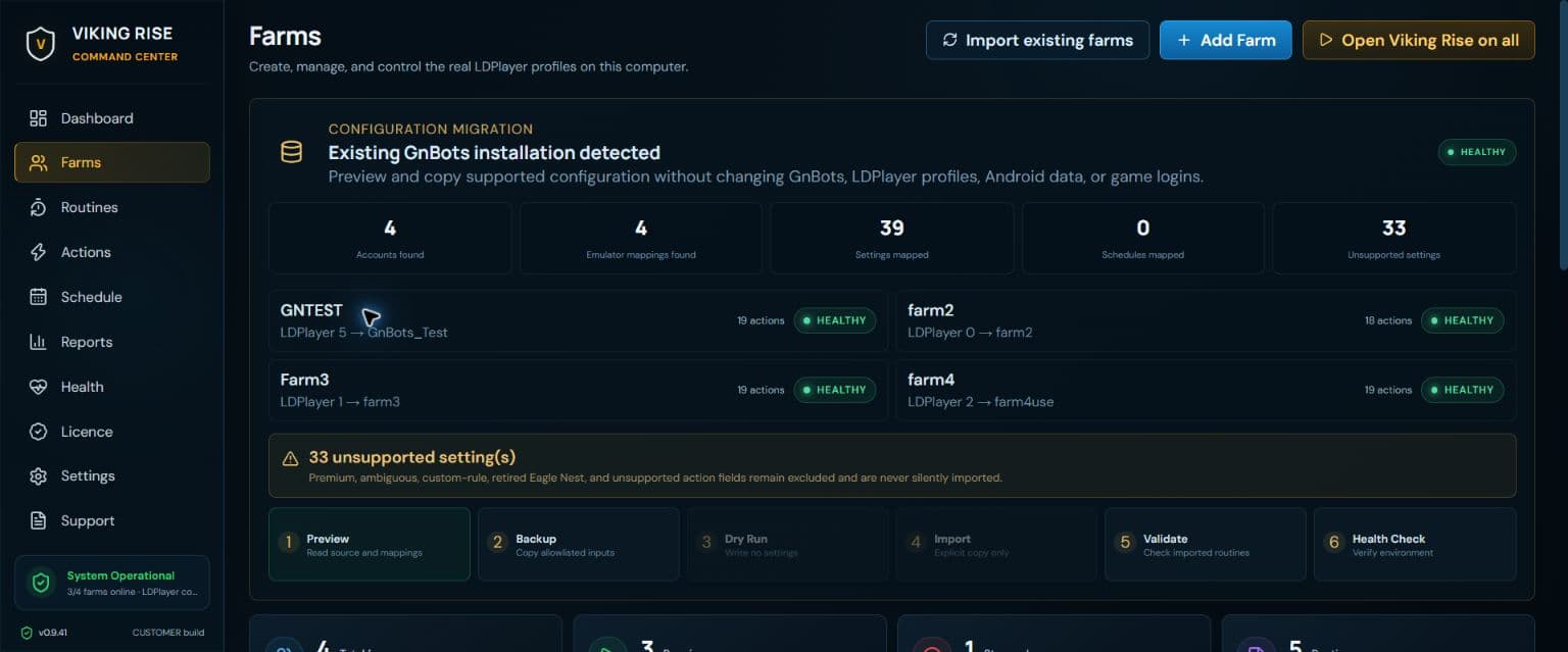 Actual customer migration preview showing GnBots profiles, supported mappings and review state