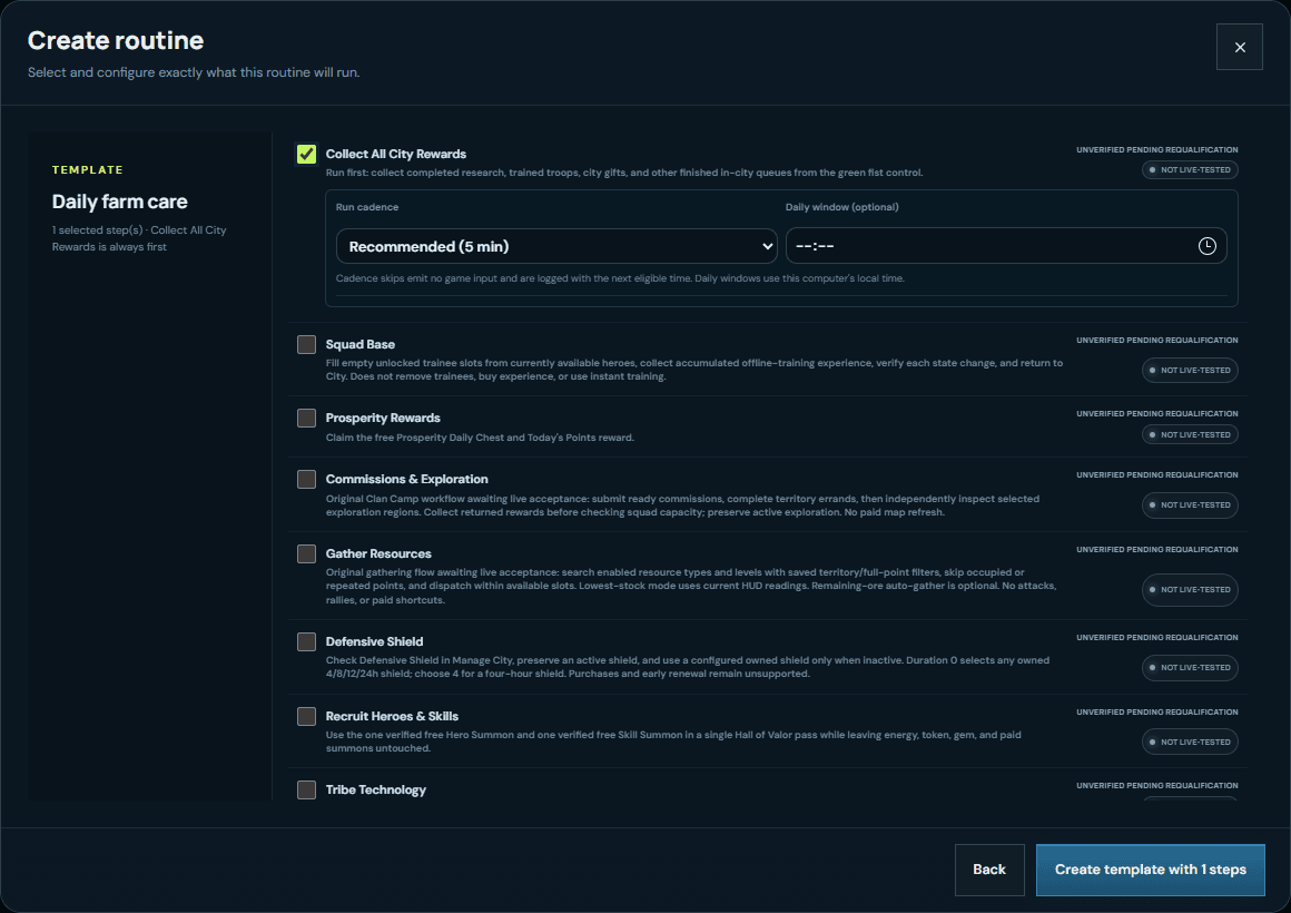 Archived VRA routine-builder capture showing Collect All City Rewards controls