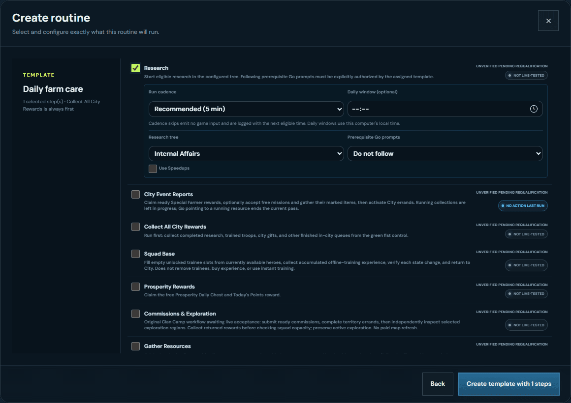Archived VRA routine-builder capture showing Research controls