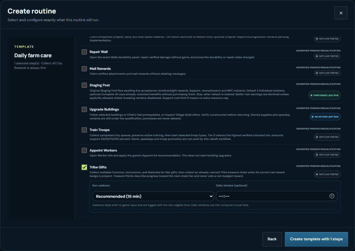 Archived VRA routine-builder capture showing Tribe Gifts controls