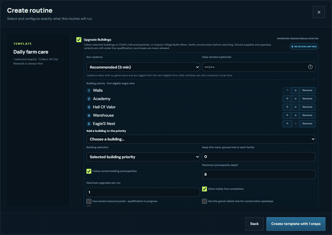 Archived VRA routine-builder capture showing Upgrade Buildings controls