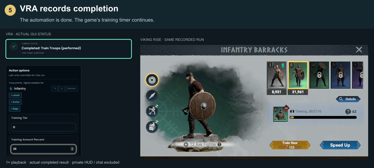 Actual paired VRA result view and Viking Rise active training queue from the recorded Infantry training start